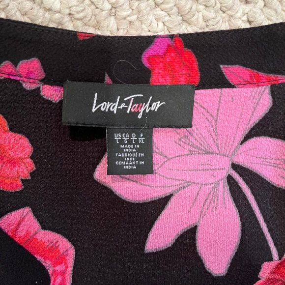 Lord & Taylor Black Pink Red Floral Blouse, Longer Length, Women's size large - Picture 7 of 8